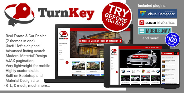 TurnKey Real Estate and Car Dealership Responsive Material Design WordPress Theme
