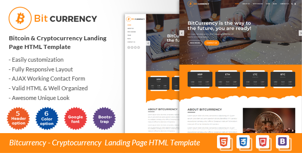 Bitcurrency – Bitcoin and Cryptocurrency Landing Page HTML Template